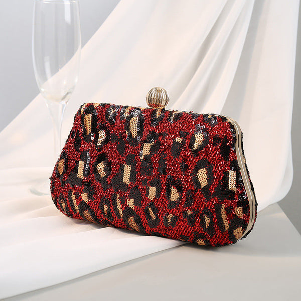 Vintage sequins glitter leopard evening bag Retro prom party handbag with strap