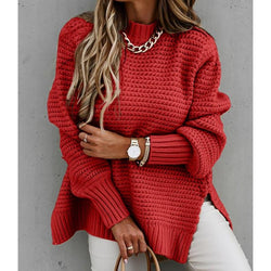 Women mock neck split hem long sleeves solid knit sweater pullover jumper top