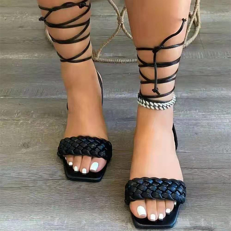 Women's flat woven peep toe lace-up sandals