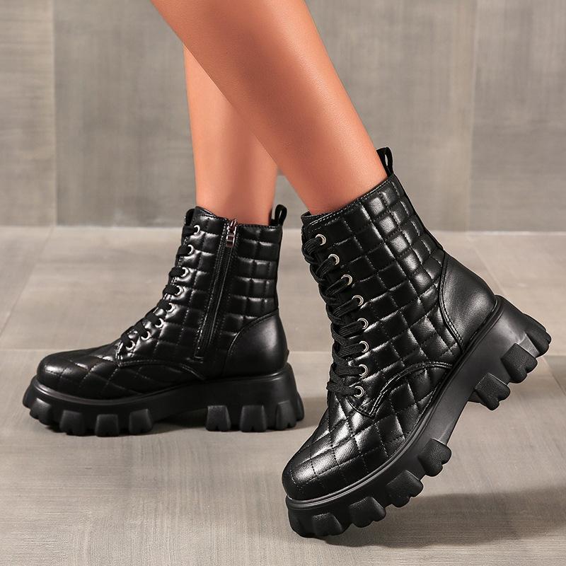 Women quilted chunky platform front lace short combat boots