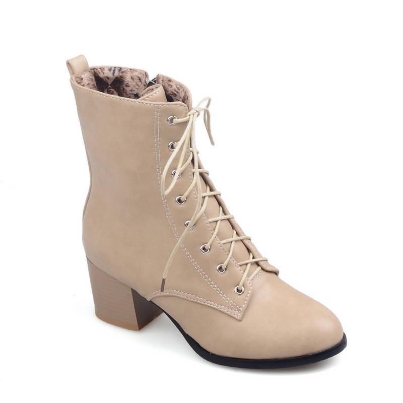 Women's winter warm plush lace-up chunky block heel ankle booties