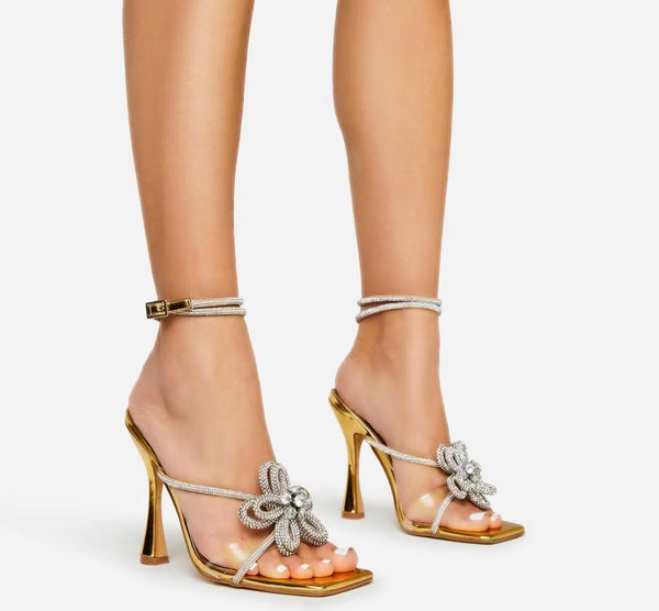 Rhinestone flower square toe stiletto heels sandals Rhinestone glitter ankle strap heels