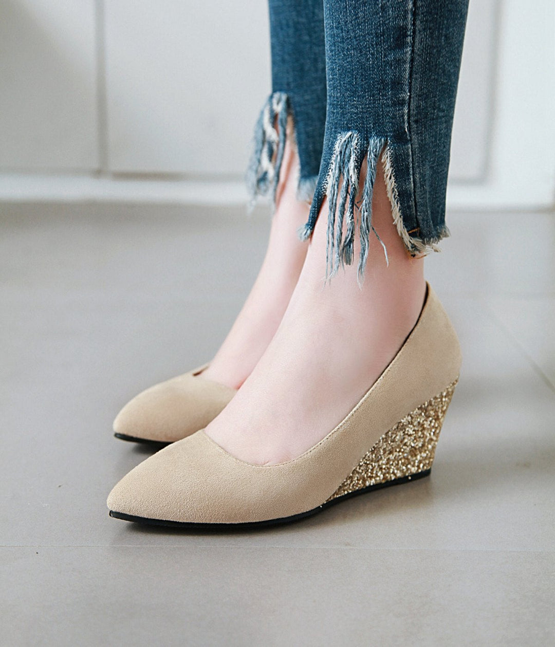 Sequin wedge pointed closed toe chunky heels