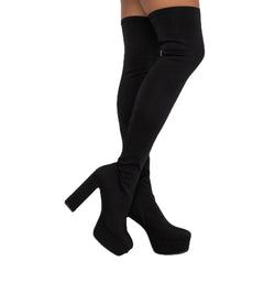 Faux suede elastic chunky high heel thigh high boots