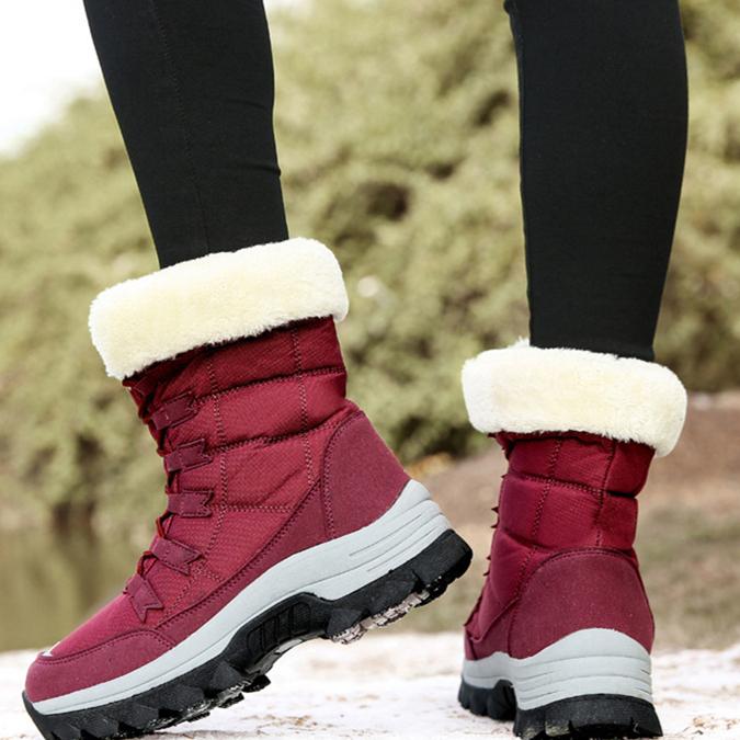 Women winter warm plush lining front lace mid calf snow boots | outdoors anti-skid hiking snow boots