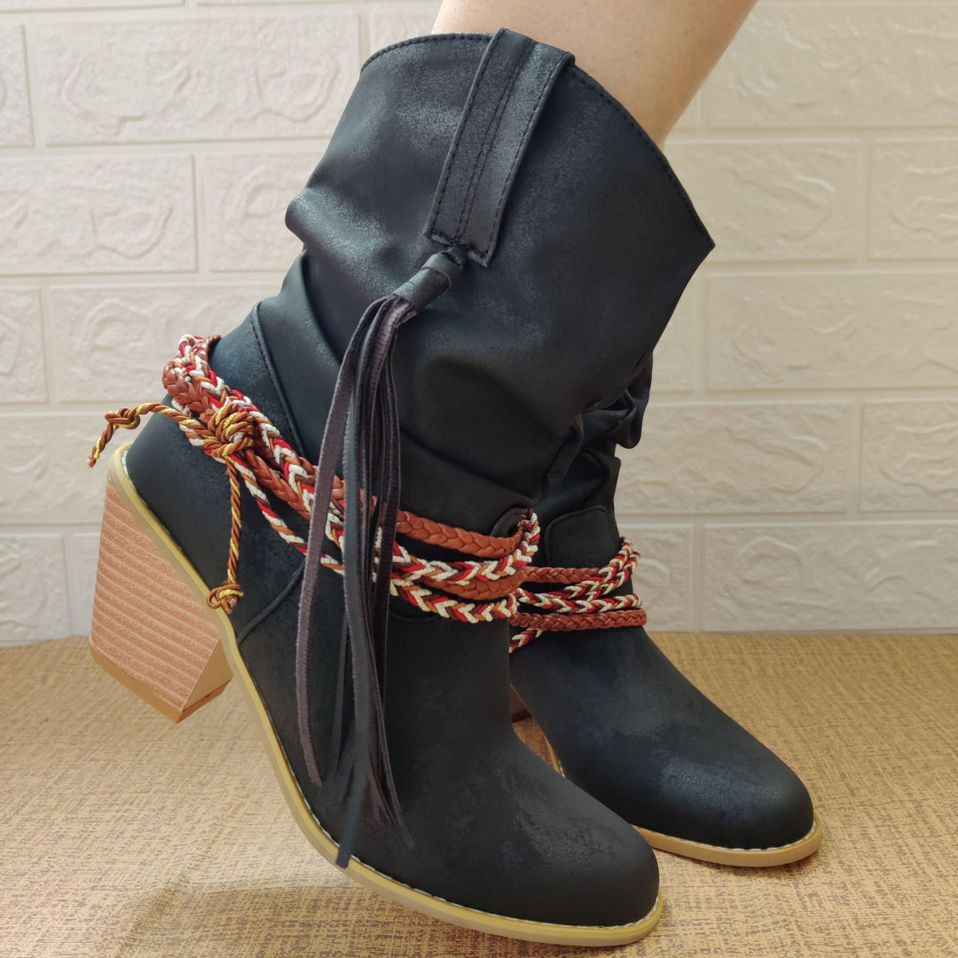 Women retro ethnic tassels block heel short cowboy boots
