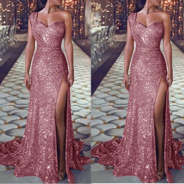 Sequins one-shoulder sleeveless slit hem long dress | Sexy party prom bridesmaid maxi dress
