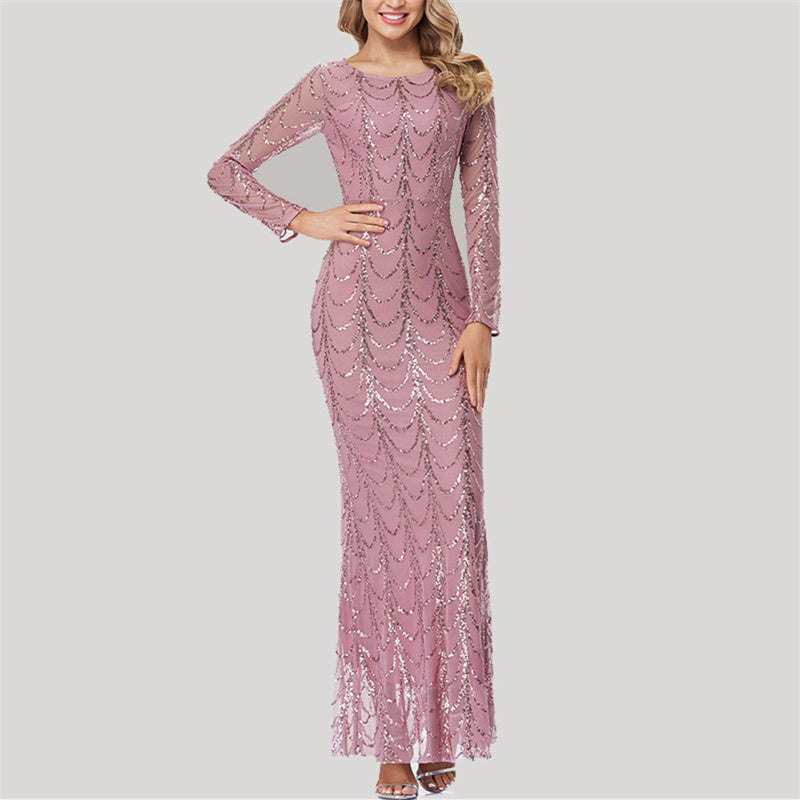 Women's sequins rhinestone mermaid maxi dress long sleeves slimming evening party prom banquet dress