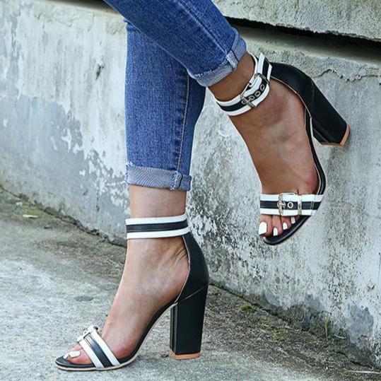Striped ankle buckle strap open toe chunky high heels