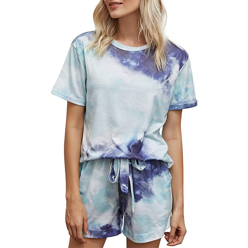 Women's summer tie dye short sleeves 2 pieces pajamas sets lounge suits