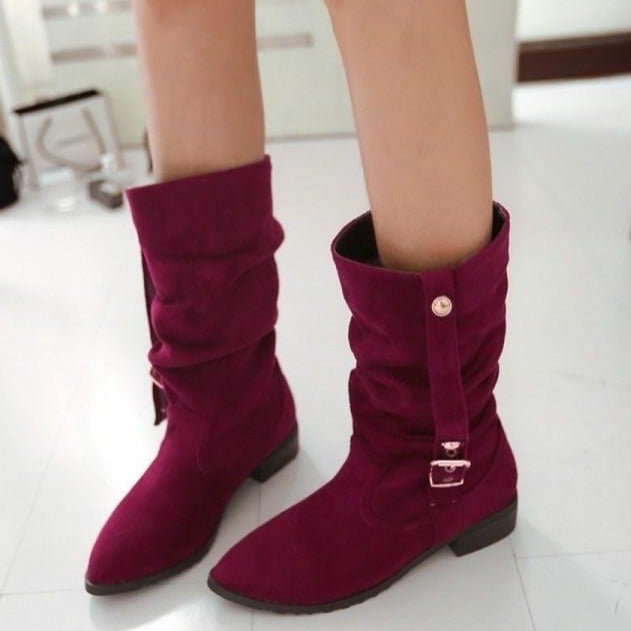 Low heel mid calf slouch boots slip on mid calf boots