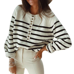 Women striped knit button up long sleeves sweater