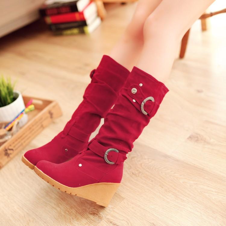 Women's buckle strap wedge heel mid calf boots