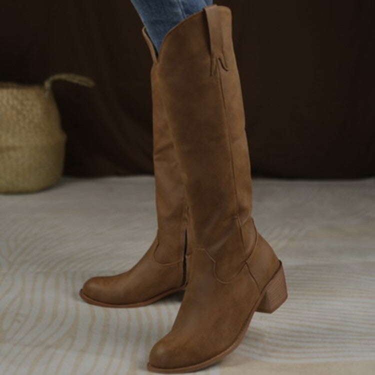 Women's wide calf knee high riding boots vintage block heels tall boots