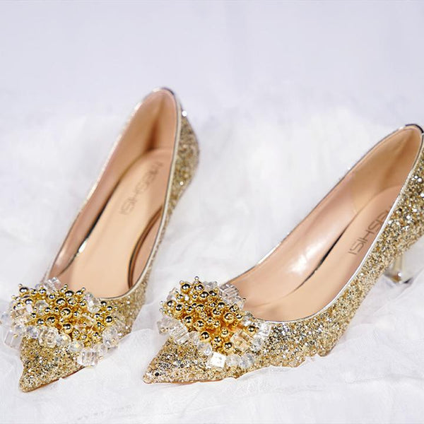 Gold rhinestone glitter wedding pumps crystal pearls bride shoes
