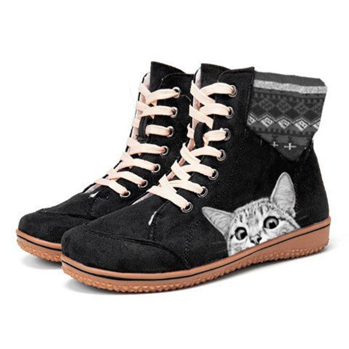 Women's cute cat print lace-up boots