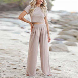 Women's spring summer short sleeves & wide leg long pants outfits lounge suits