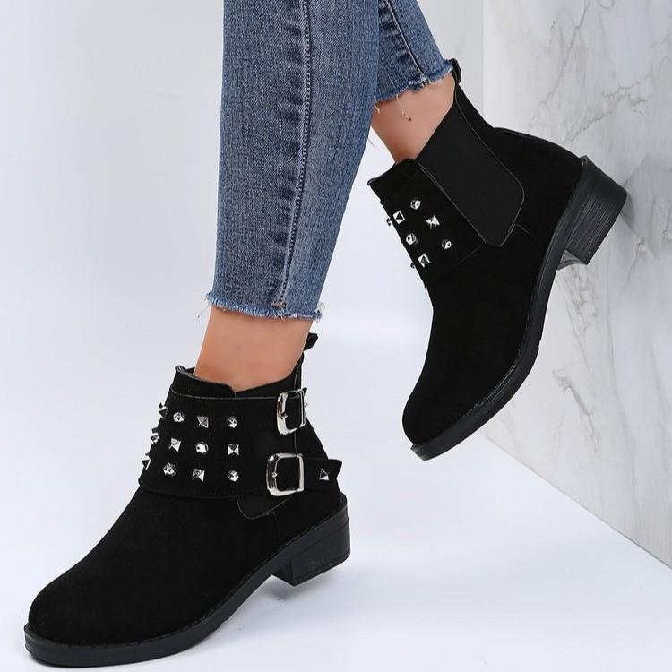 Women's studded buckle stap block heel chelsea booties