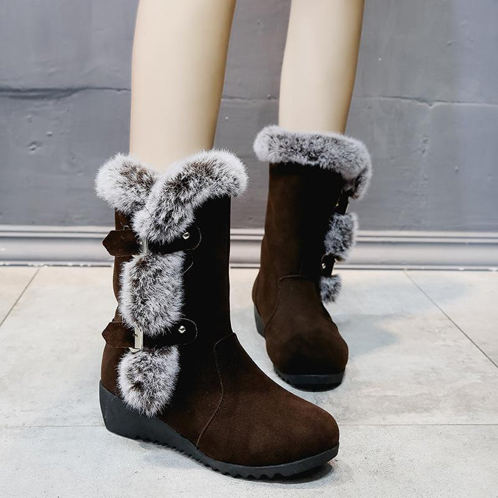 Women's fuzzy faux fur lined buckle strap snow boots mid calf wedge heel snow boots