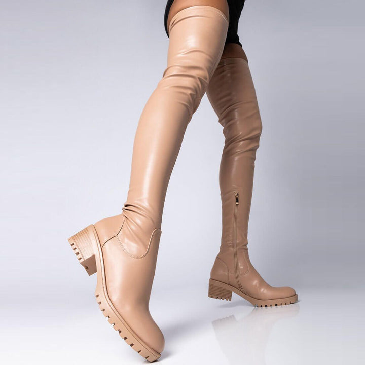 Women's PU leather square heel thigh high boots