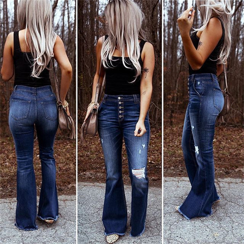 Women's high waisted flare jeans ripped skinny bell bottom jeans