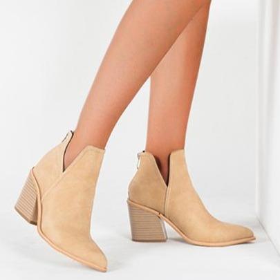 Women's side v cut stacked block heel pointed toe ankle booties