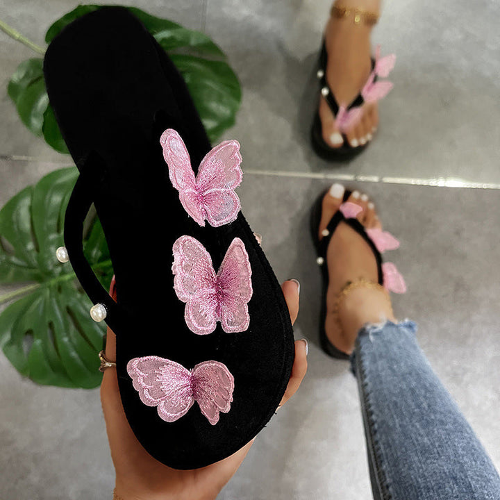 Women's butterfly platform wedge flip flops summer clip toe slippers