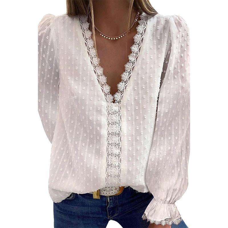Women lace trim v neck long sleeves blouse | Elegant chiffon embroidery tops