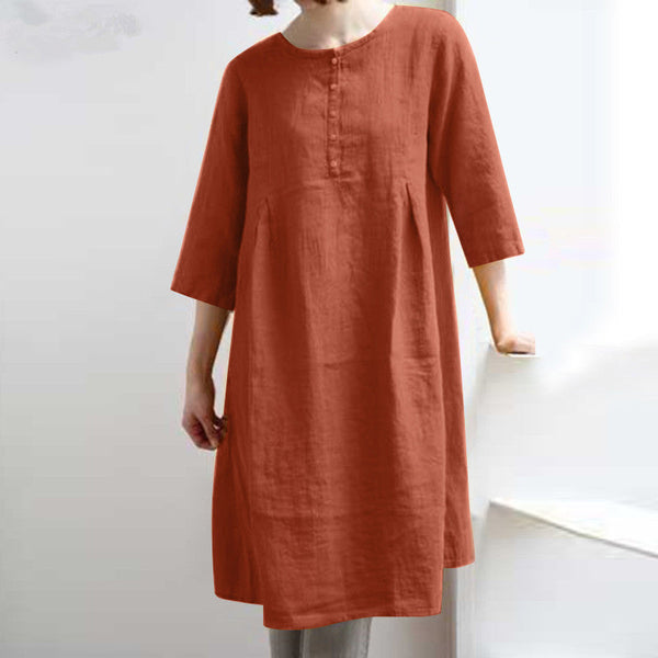 Female's vintage cotton linen 3/4 sleeves shift dress Summer loose fit dress