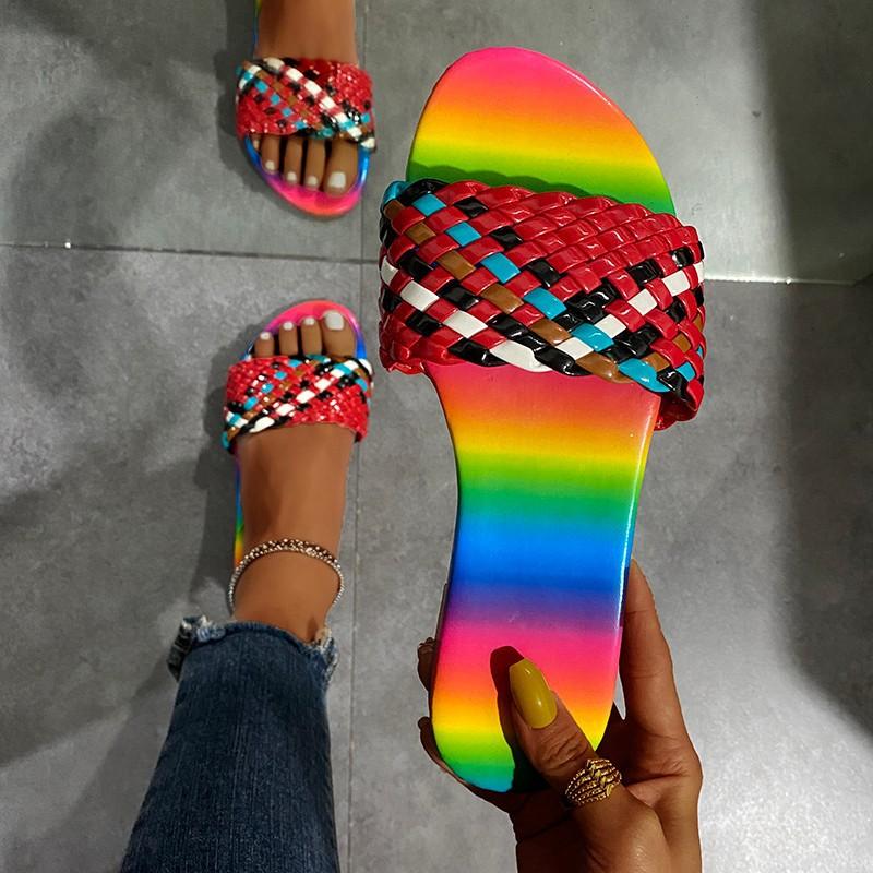 Women's rainbow colorful woven slip on beach sandals
