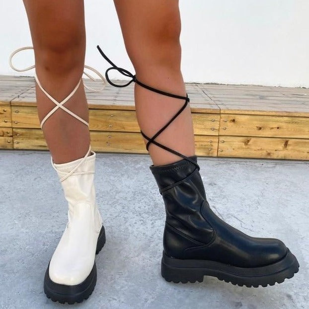 Women chunky platform ankle lace-up mid calf boots