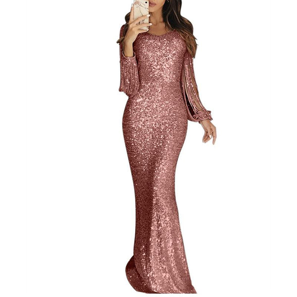 Shiny glitter evening prom gown mermaid party long dresses | Sequin fringe long sleeves bodycon maxi dress