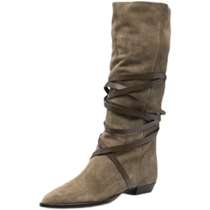 Women's slouchy cowboy boots Strappy mid calf boots Vintage pointed toe western boots