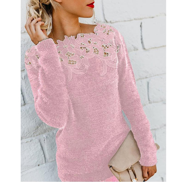 Women lace neck pullover tunic fuzzy sweater