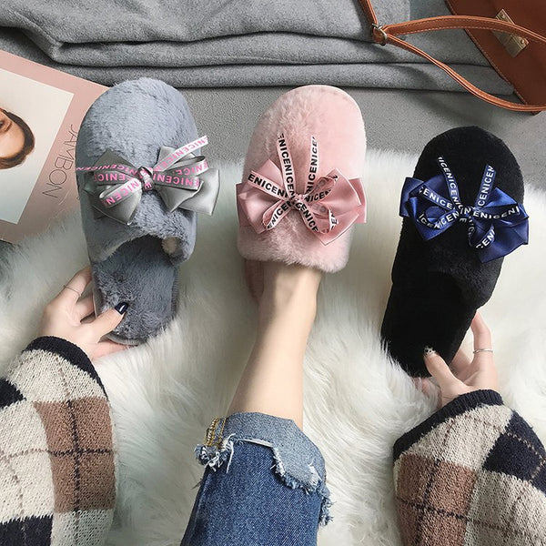 Women's furry home slippers fashion bowknot closed toe winter warm bedroom slippers