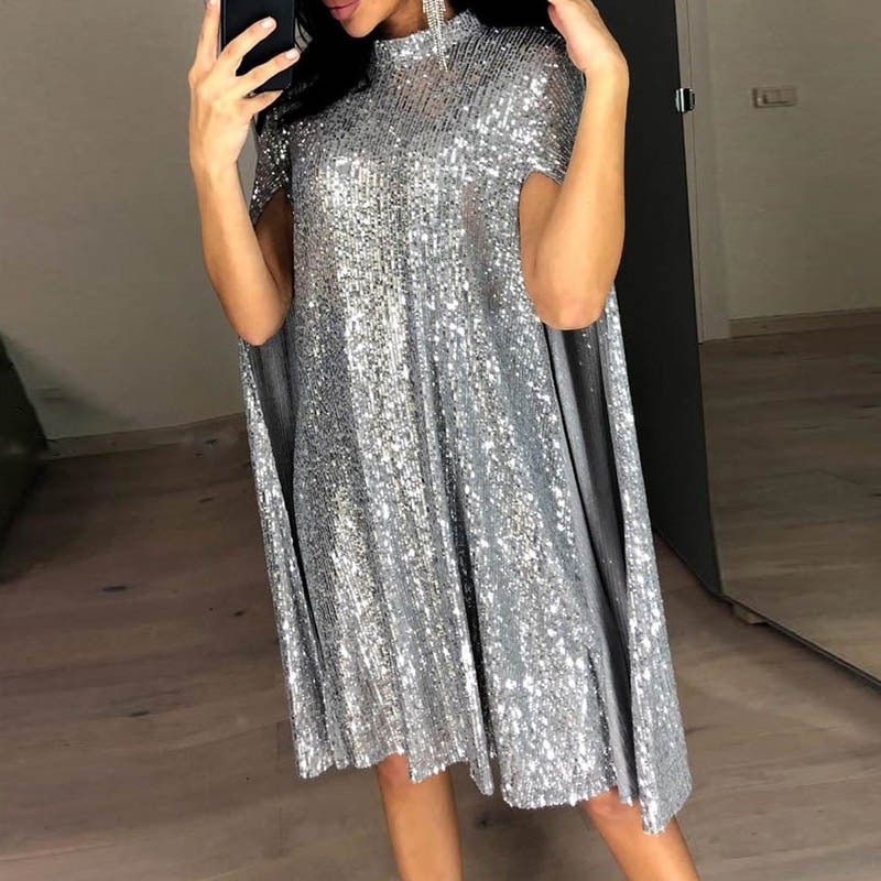 Silver gold sequins shining cloak long sleeves mini dress | party cape dress