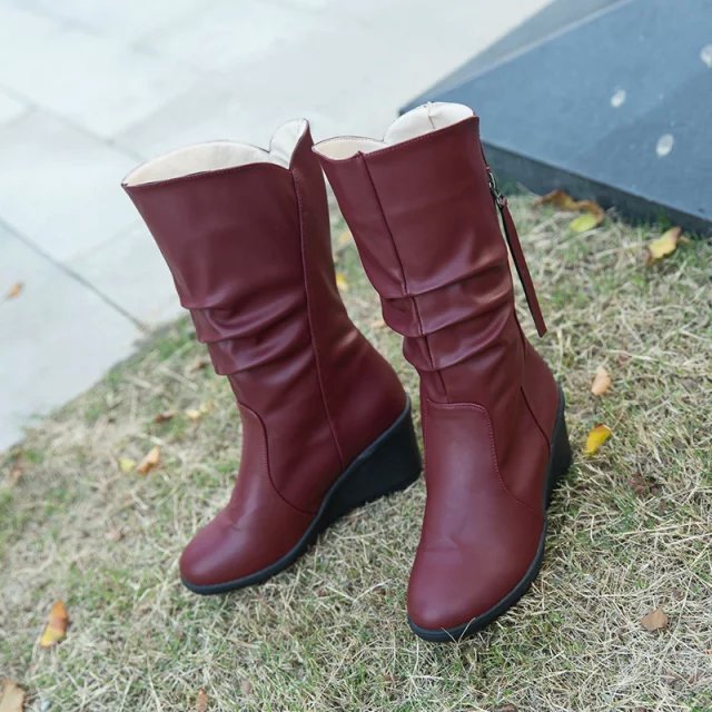 Women's wedge heels slouchy mid calf boots