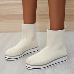 Women's knitted stretchy slip on mid calf boots