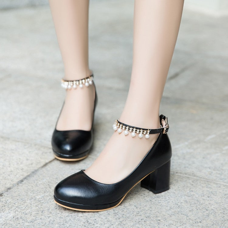 Sweet pearls ankle strap block heels pumps round toe chunky block heels loafers