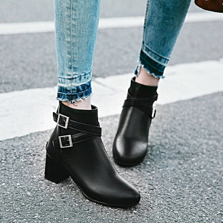 Criss buckle strap block heel ankle boots with side zipper