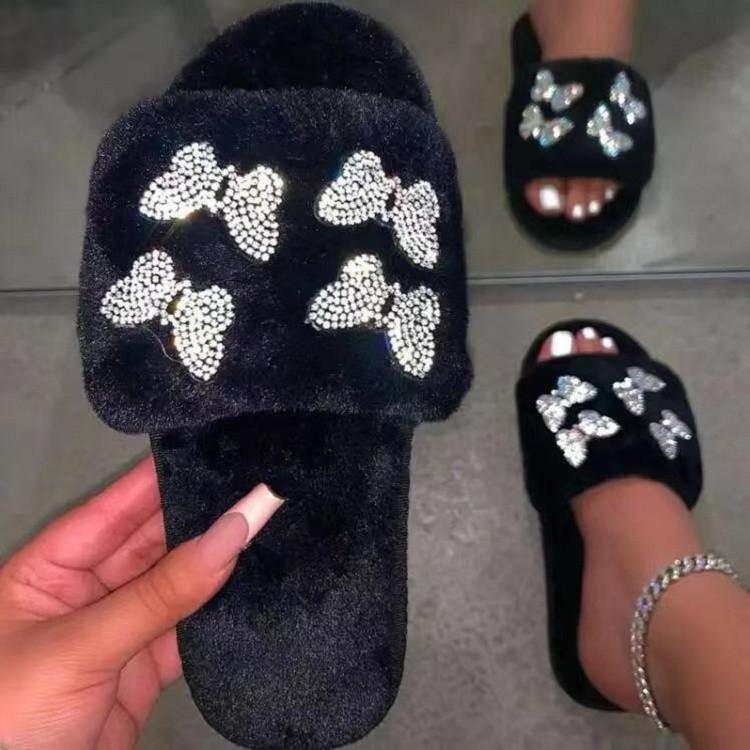 Women's rhinestone butterfly fluffy open toe slippers winter warm indoor shoes