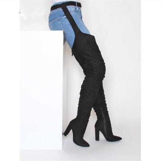 Women faux suede thigh high waist belt chunky high heel slouch boots | Over the knee waist belted boots
