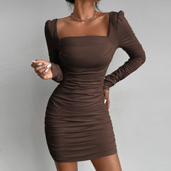 Women's sexy ruched square neck bodycon mini dress long sleeves slimming party dress