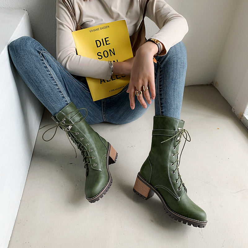 Block heel mid calf military comabt boots for female