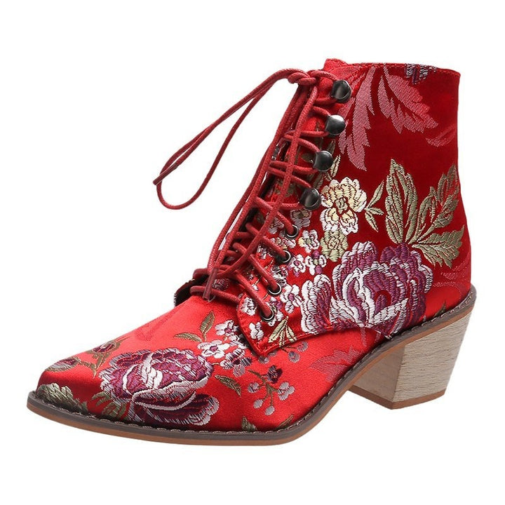 Women's floral embroidered pointed toe vintage lace-up boots with square heel