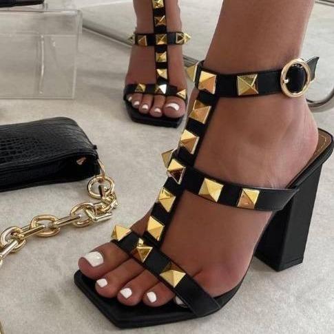 Women's studded T-strap open toe chunky high heels sandals