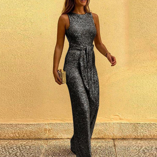 Sexy sequins shining backless sleevesless jumpsuits with belt