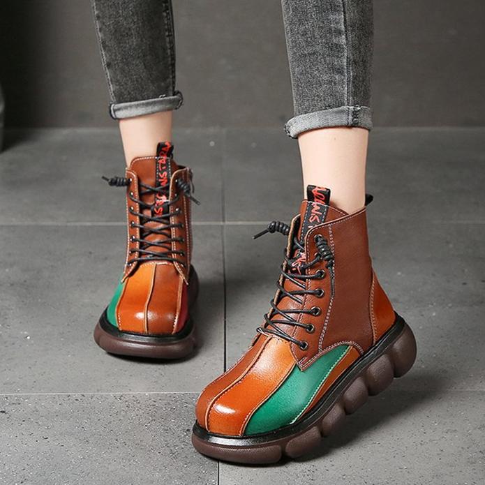 Women's multicolor patchwork lace-up martin boots