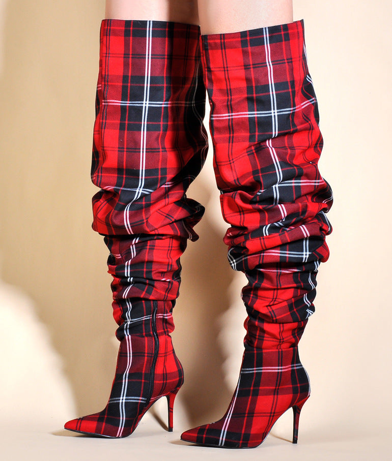 Women's plaid thigh high boots Wide calf slouchy over the knee boots Fashion stiletto heels long boots