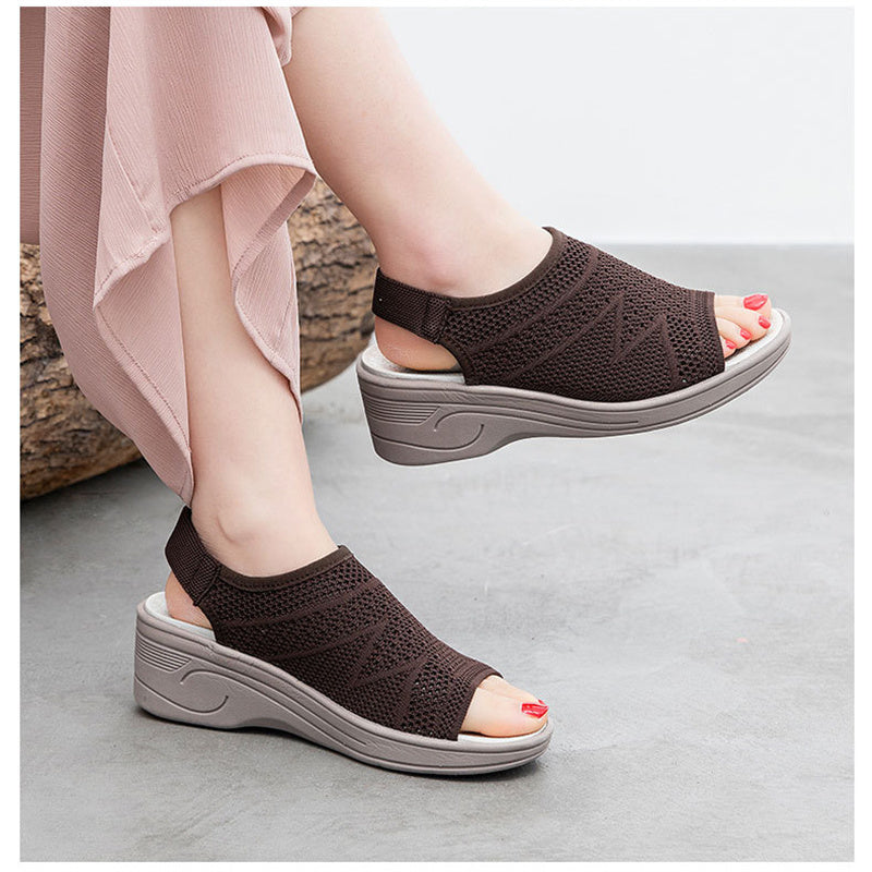 Women's flyknit peep toe wedge heel sporty sandals summer breathable arch support sandals
